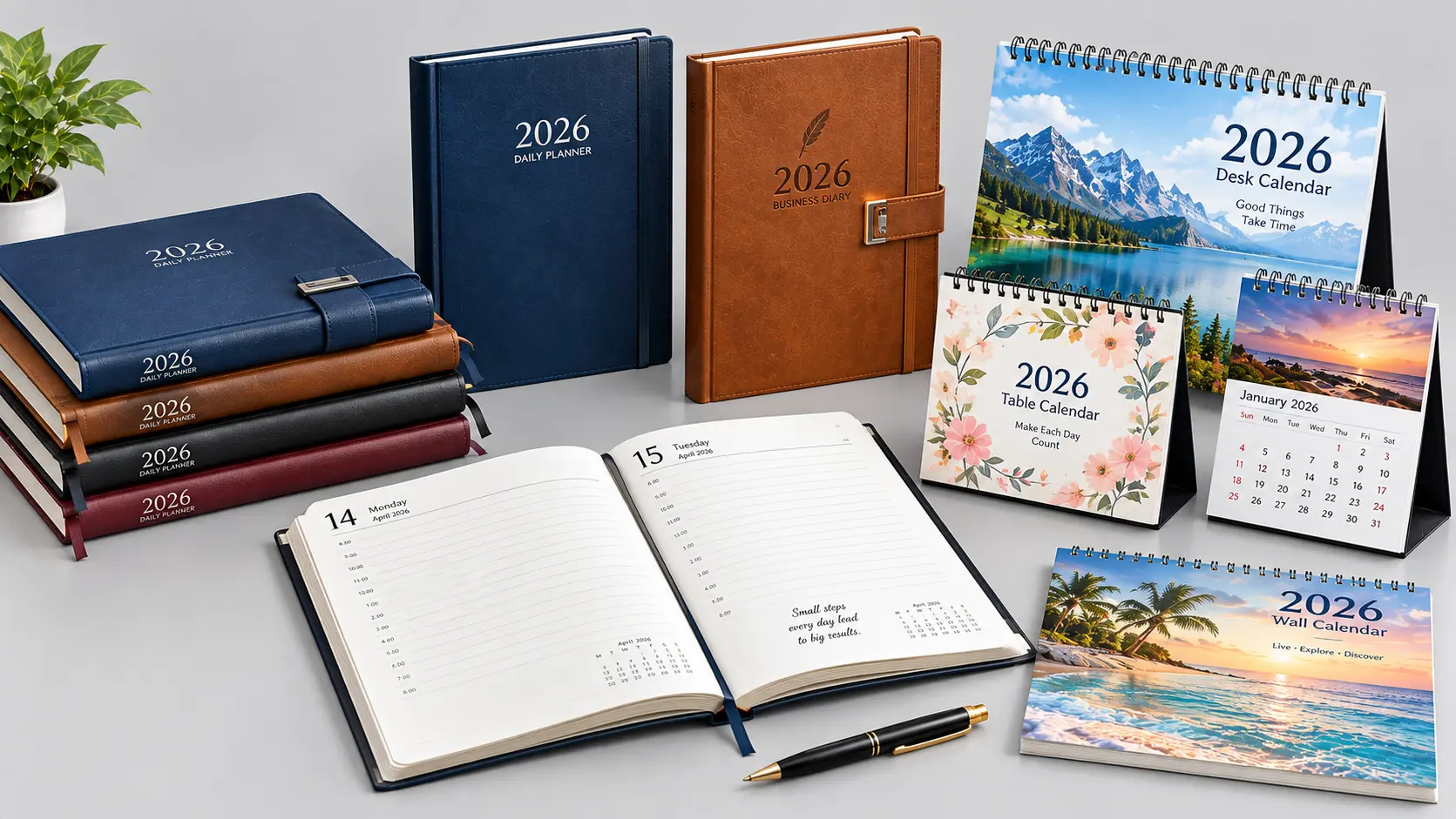 Custom corporate leatherette diaries and wire-o desk calendars