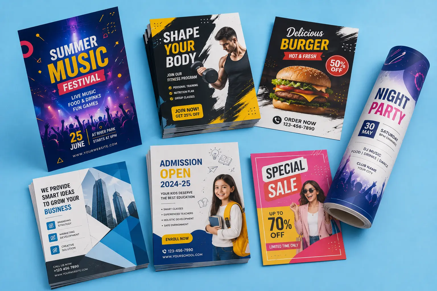Vibrant promotional posters and marketing fliers